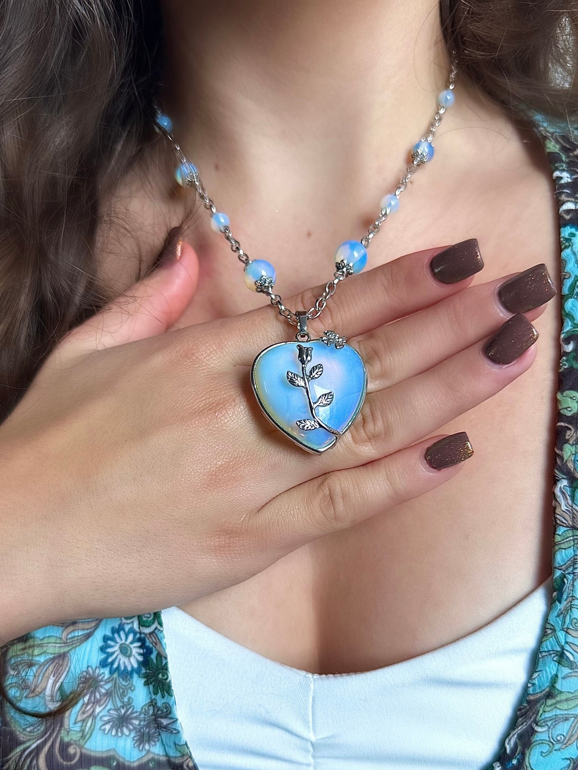 Ophelia’s Heart Necklace, Chunky Silver Heart Pendant, Valentine’s Day Heart Necklace, Opalite Birthstone Necklace, Heart Statement Necklace