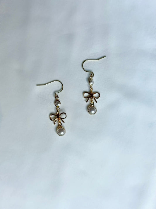 Pearl Dangle Bow Earrings | Custom Pearl Bow Earrings | Gold Dainty Crystal Earrings l Pearl Dangly Earrings | Coquette Pearl Earrings