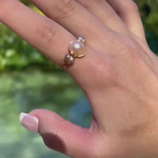 Unique Colored Pearl Chain Ring, Non-Tarnishing Ring, Pearl Jewelry, Mermaid Aesthetic Ring, Ocean Themed Jewelry, Handmade Pearl Ring