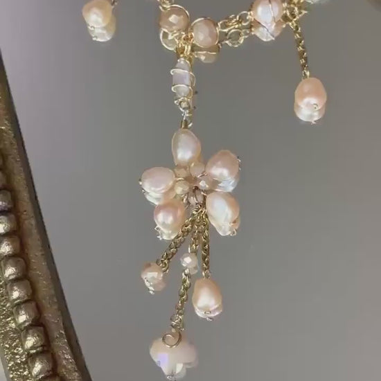 Pearl Flower Necklace Gold/Silver | Unique Peach Pearl Jewelry | Pearl Necklace | Elegant Statement Piece | Spring Bridal Pearl Necklace